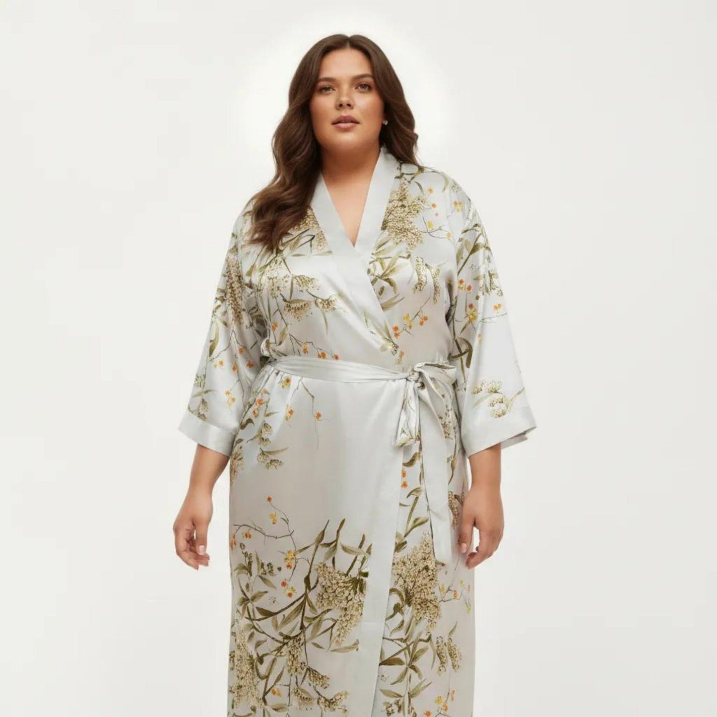 Plus Size Satin Floral Kimono Robe with Self Tie Belt Longline Open Front Lightweight Sleepwear