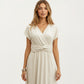 Short Sleeve Midi Dress with Wrap V Neck Twist Front Waist Detail Textured Knit Flowy Fit
