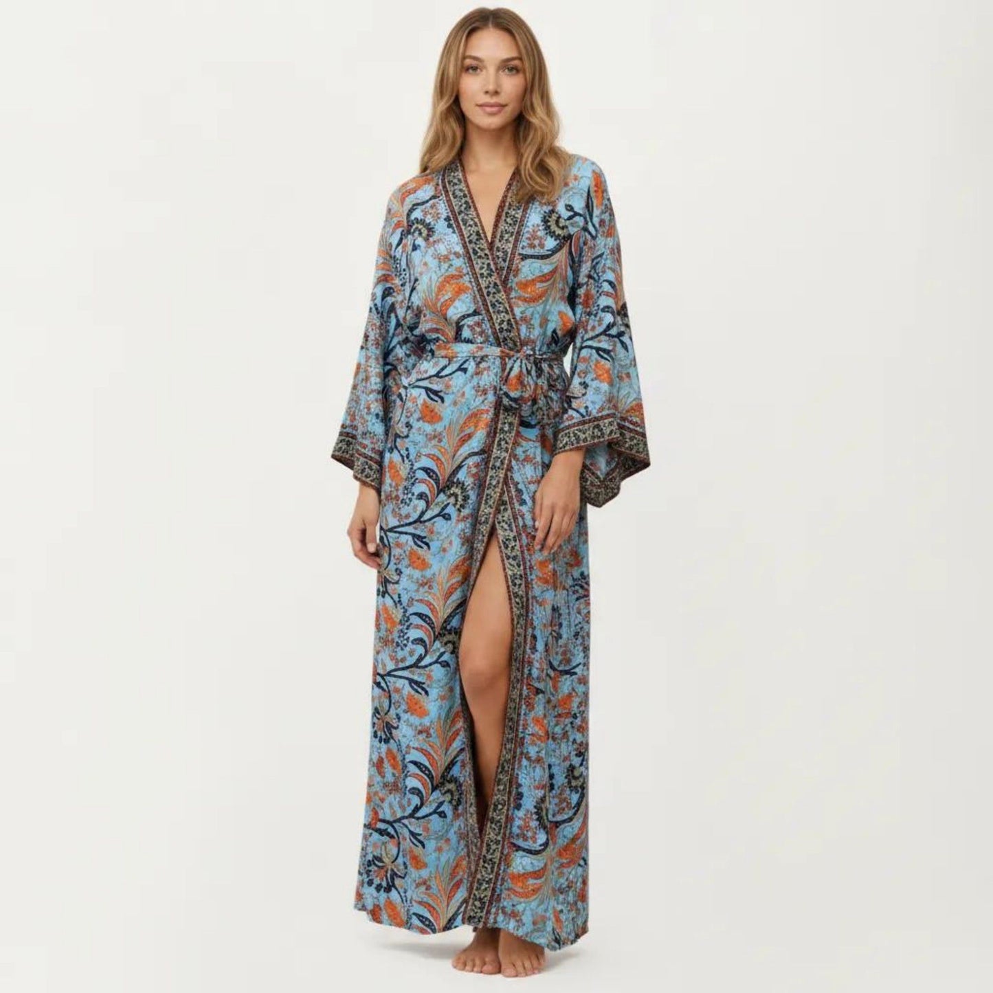 Floral Paisley Maxi Dress with Long Sleeves Adjustable Waist Tie and Flowing Relaxed Fit
