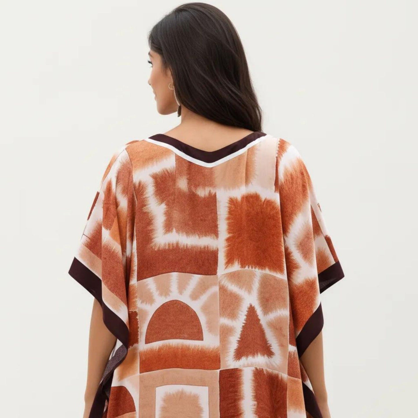 Abstract Print Maxi Caftan Dress with V-Neckline Short Sleeves and Relaxed Draped Silhouette