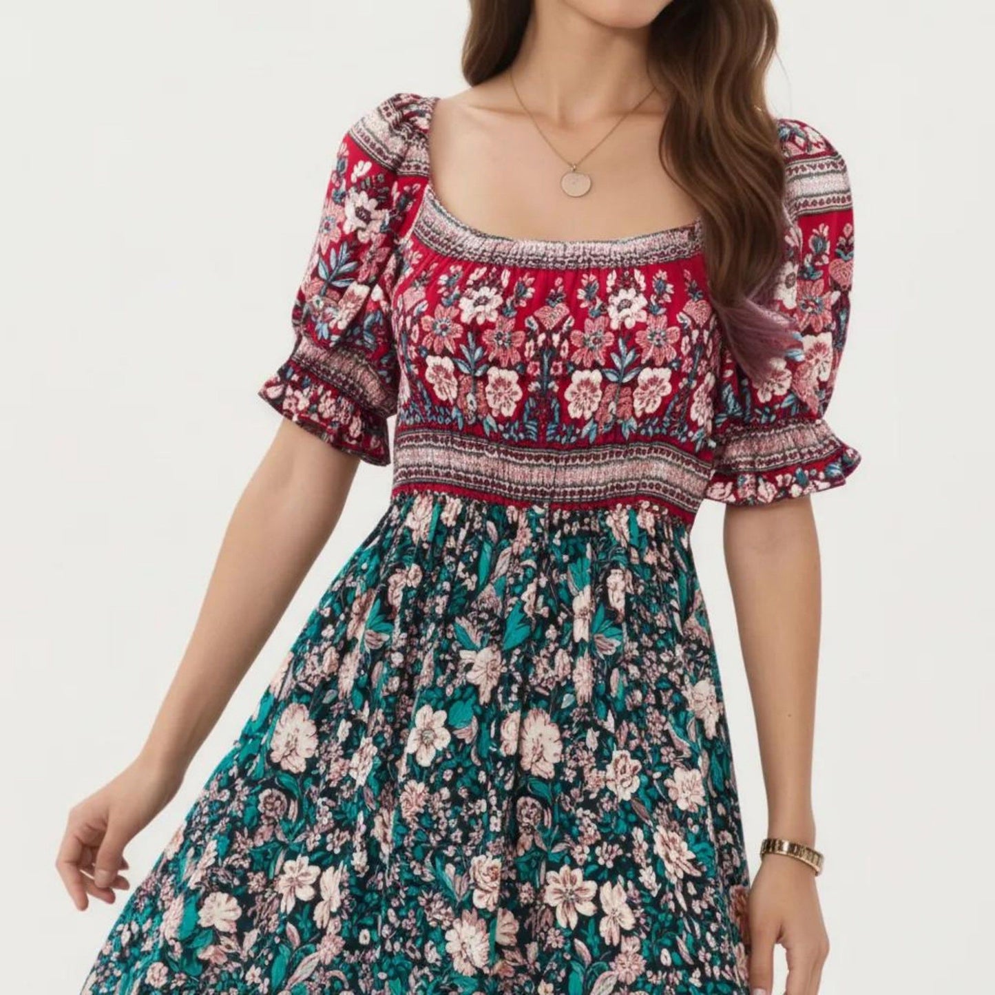 Puff Sleeve Maxi Dress with Mixed Floral Print and Border Hem