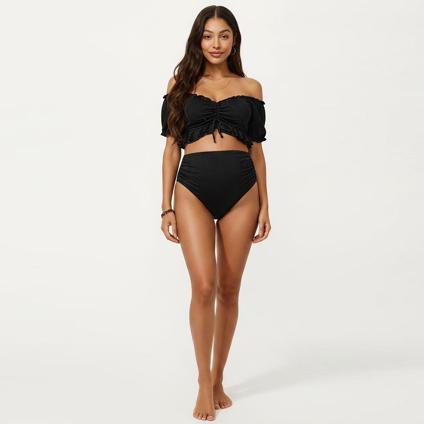 Maternity Off-Shoulder Ruffle Top with High-Waisted Bottom Bikini Set