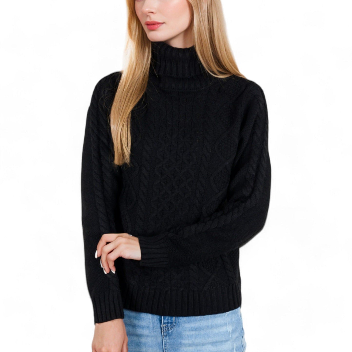 Long Sleeve Cable Knit Turtleneck Sweater