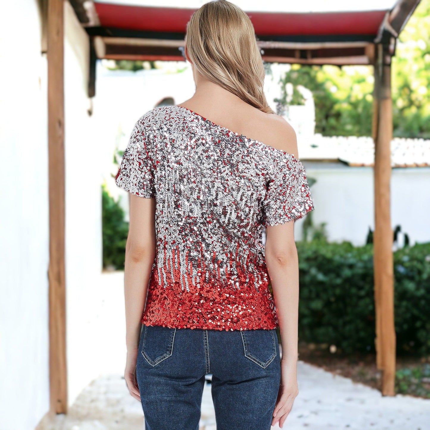 Short Sleeve One Shoulder Sparkle Sequin Pullover Top