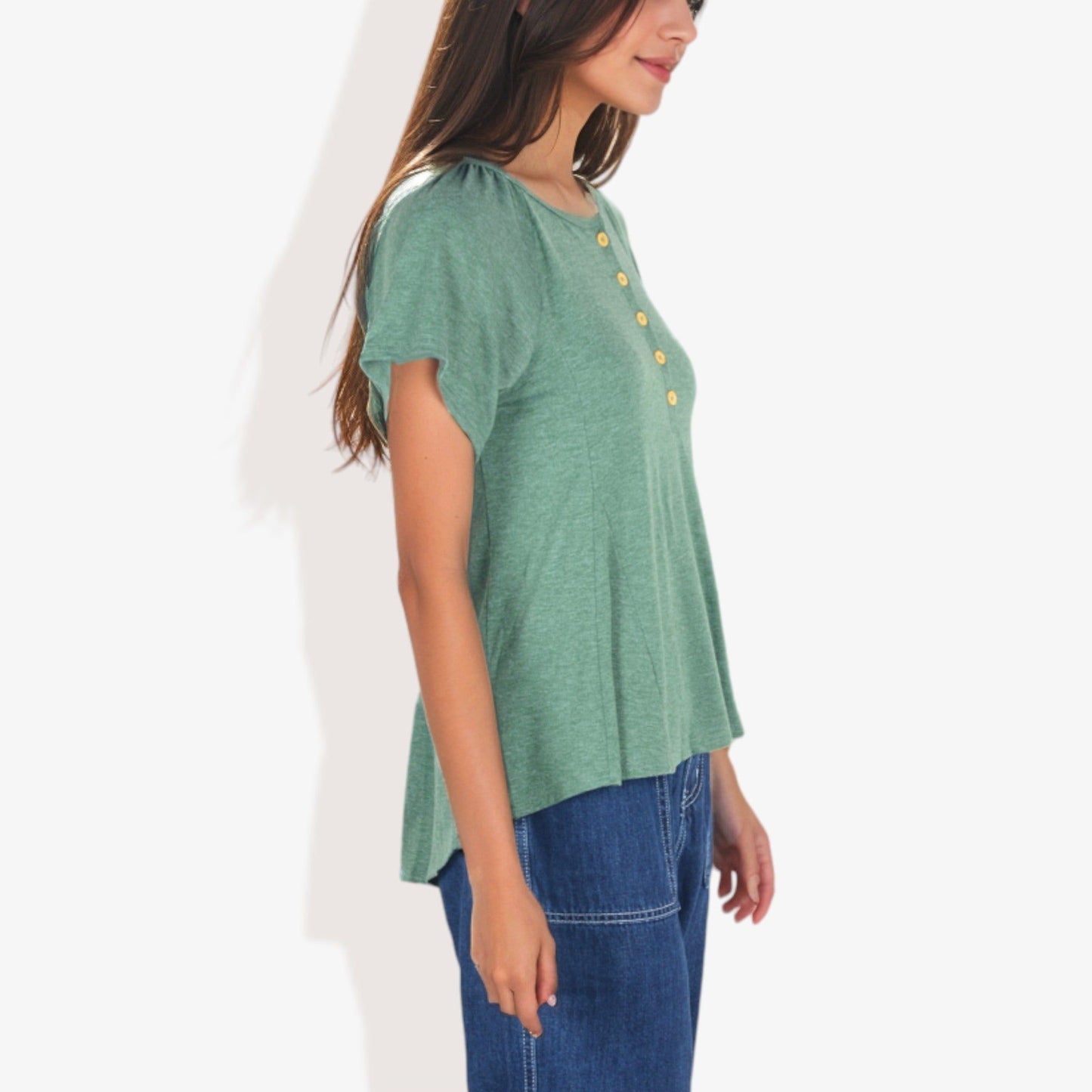 Button Down Round Neck Raglan Top with Flared Sleeves