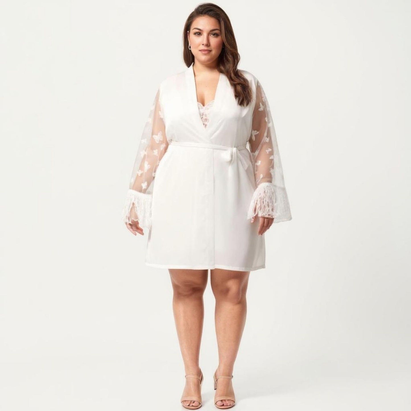 Plus Size Sheer Mesh Lace Trim Robe Lightweight Long Sleeve Sleepwear