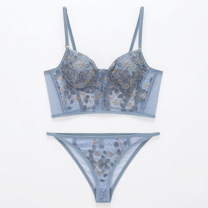 Floral Embroidered Bustier Corset Bra and Thong Two Piece Lingerie Set