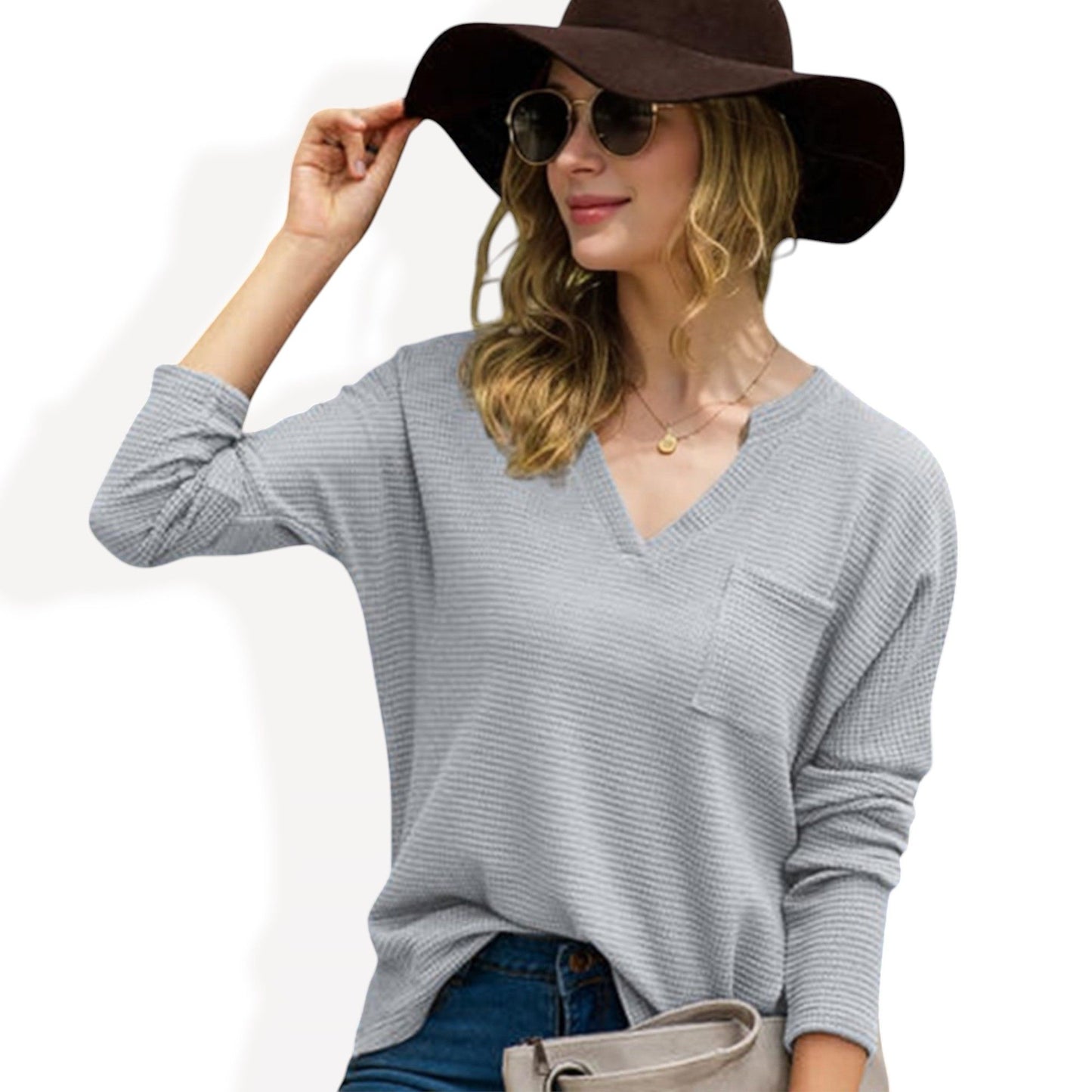 Long Sleeve V-Neck Waffle Knit Top with Chest Pocket