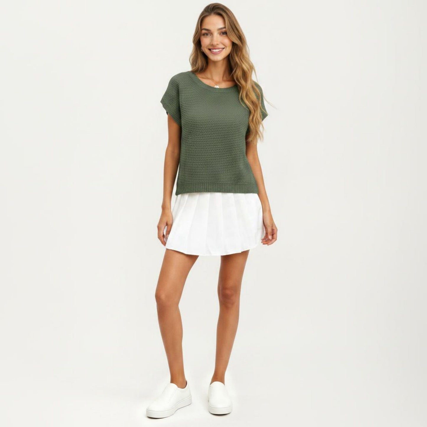 Short Sleeve Textured Knit Top with Crew Neck Ribbed Trim and Relaxed Fit
