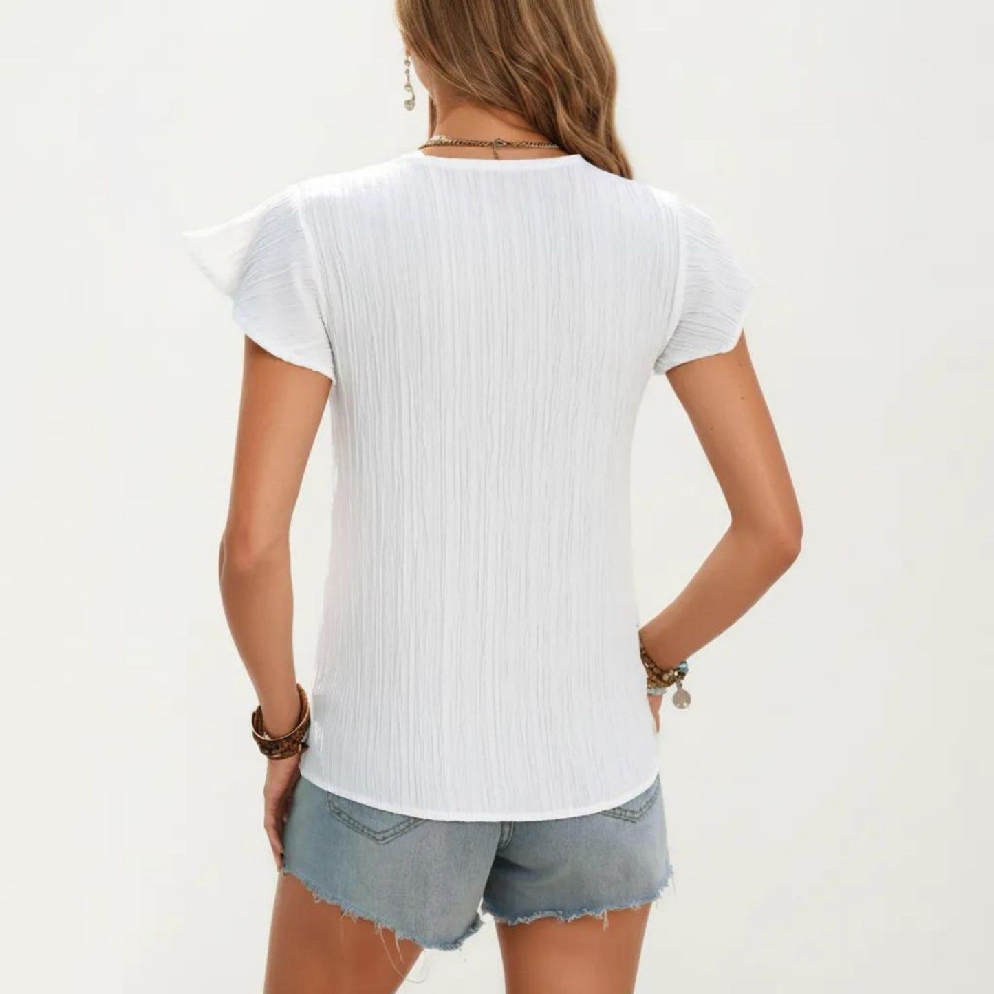 Boho Embroidered V-Neck Flutter Sleeve Textured Blouse