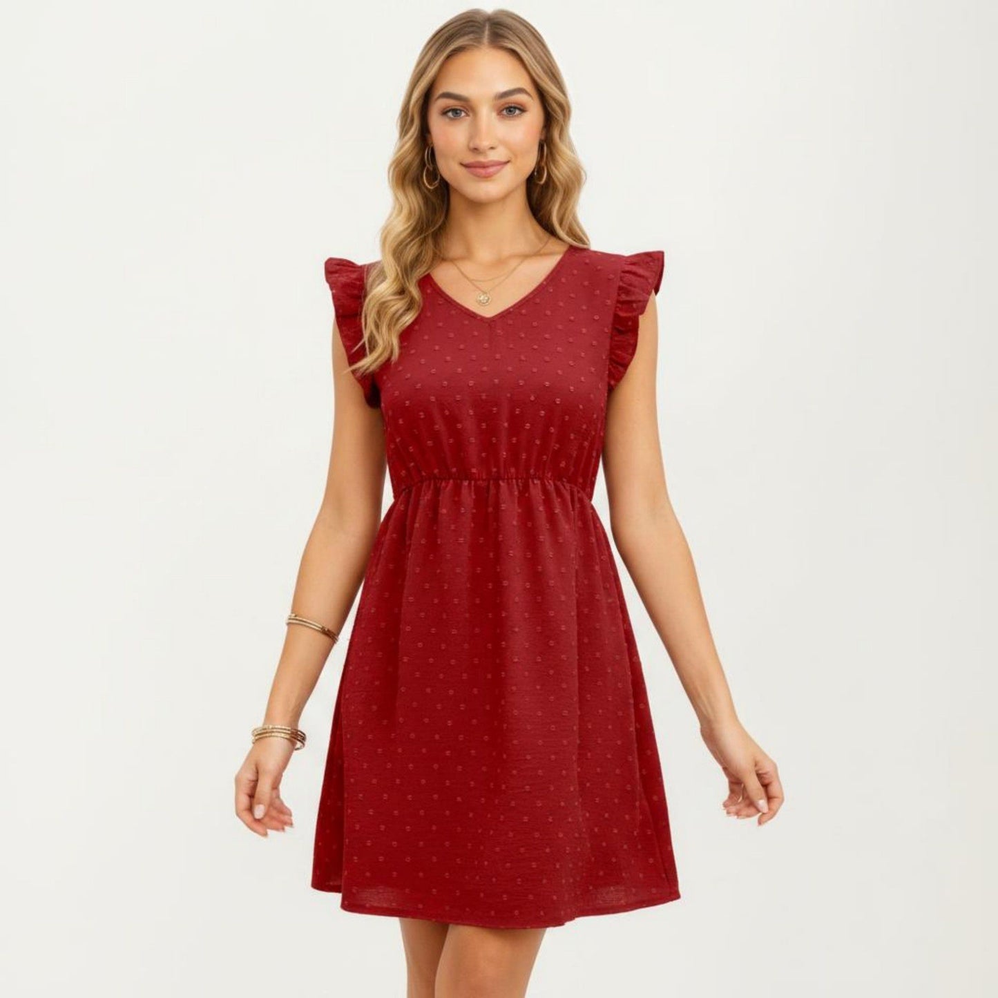 Swiss Dot Babydoll Dress with Ruffle Sleeves and V-Neckline