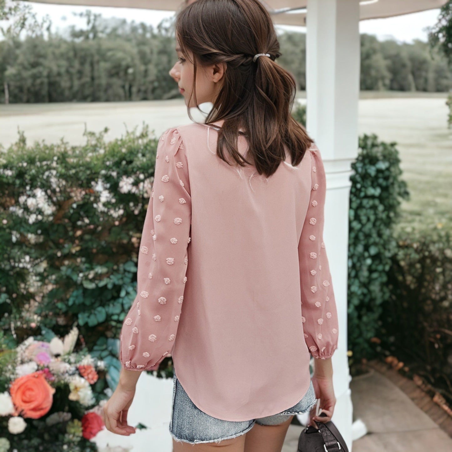 Chiffon Blouse Swiss Dot Long Sleeve Top