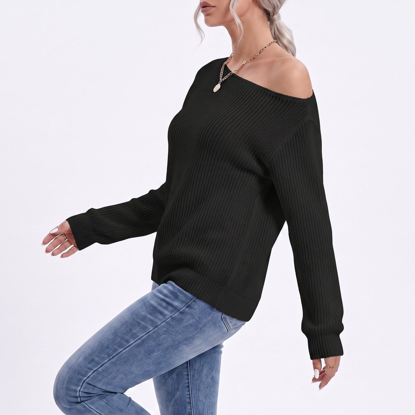 Oversized Off Shoulder Long Sleeve Knit Pullover Sweater
