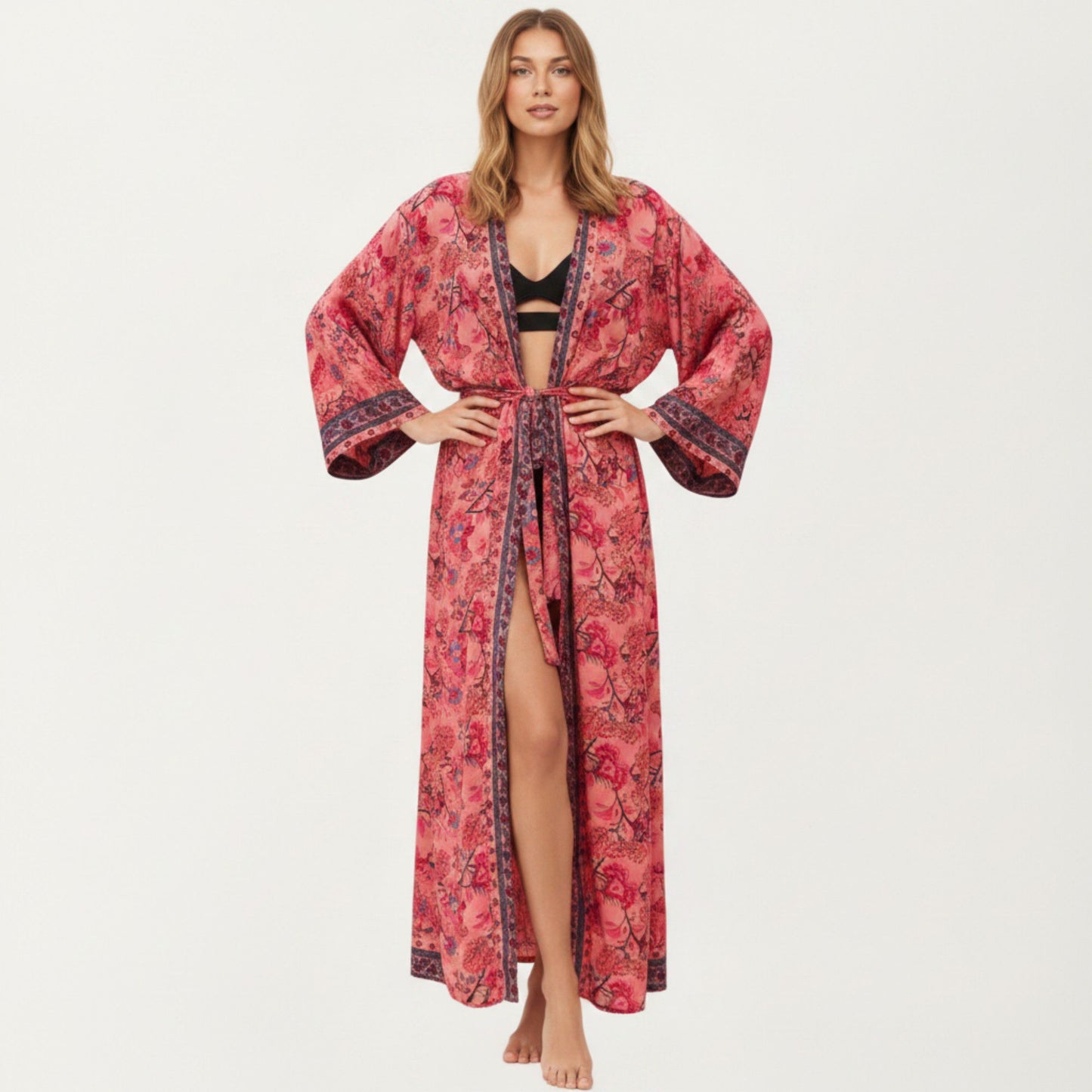 Floral Paisley Maxi Dress with Long Sleeves Adjustable Waist Tie and Flowing Relaxed Fit