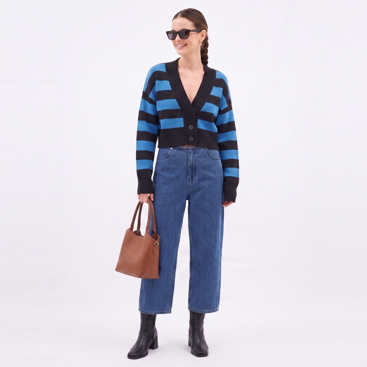 Striped V-Neck Cropped Cardigan Sweater