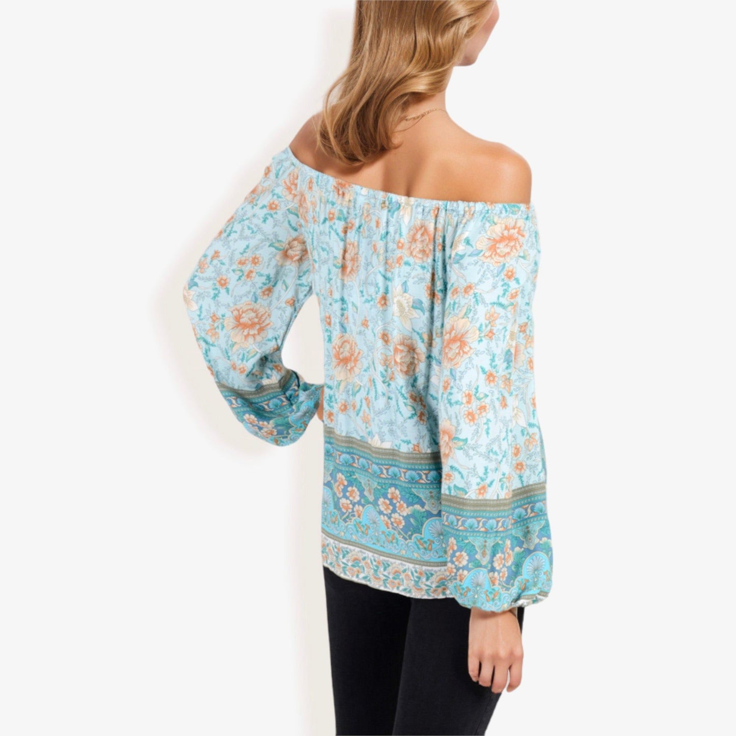 Off Shoulder Floral Print Long Sleeve Bohemian Blouse