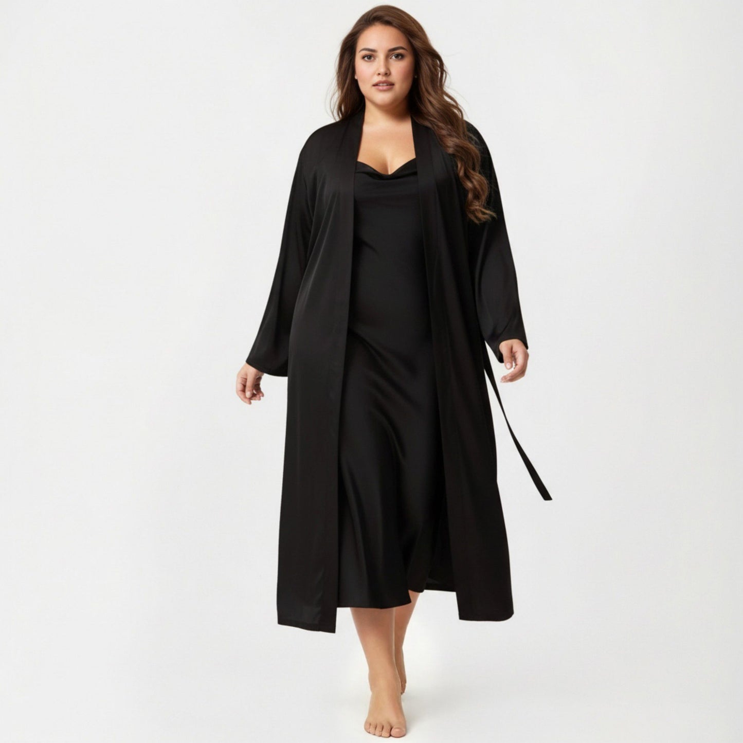 Plus Size 2-Piece Satin Nightgown Set with Long Sleeve Open Front Robe Sleeveless Slip Dress Sleepwear
