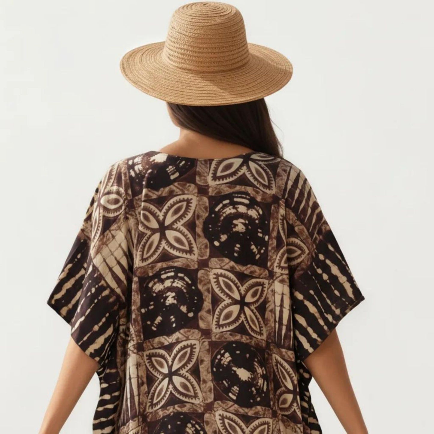 Geometric Print Maxi Caftan Dress with V-Neckline Relaxed Fit and Draped Silhouette