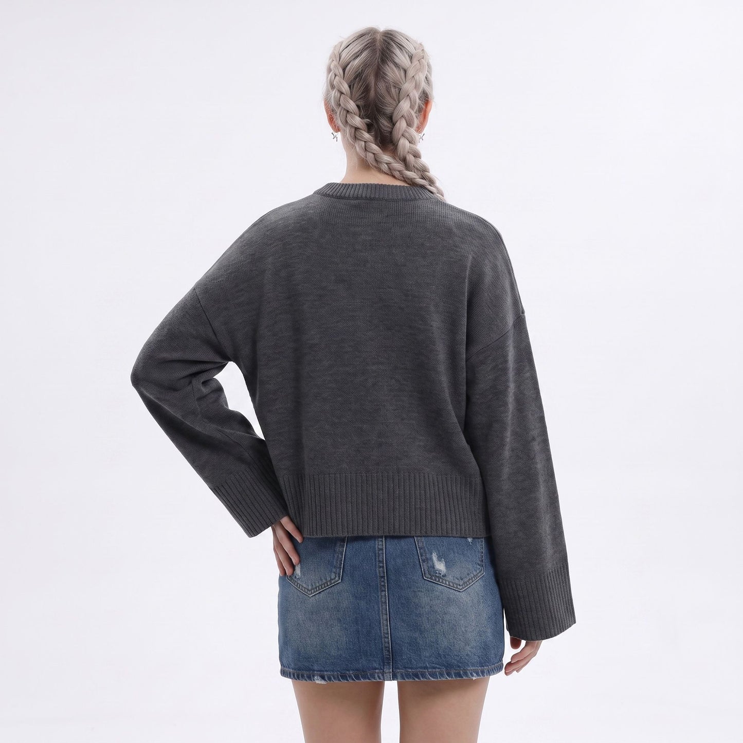 Oversized Crewneck Knit Sweater with Flared Sleeves