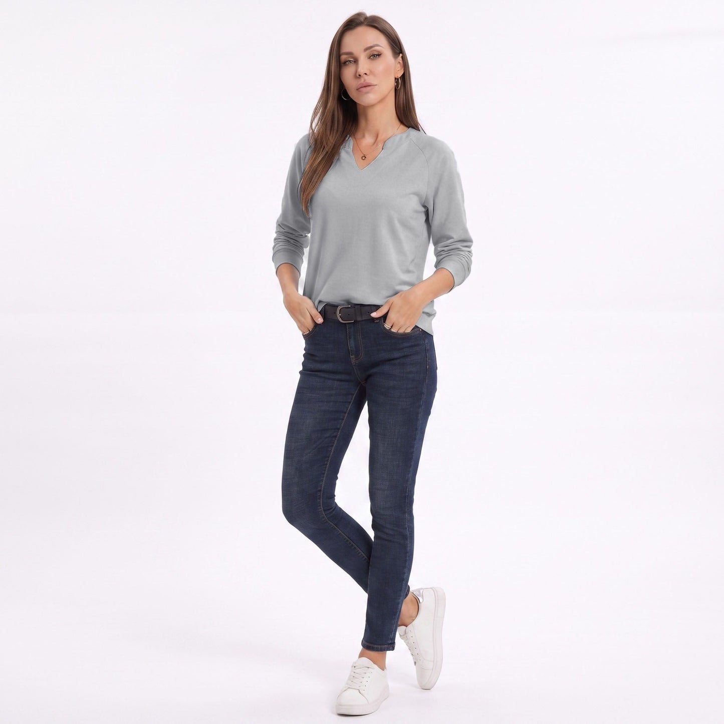Long Sleeve V-Neck Sweatshirt with Raglan Sleeves