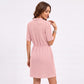 Waffle Knit Collared V-Neck Drawstring Short Dress
