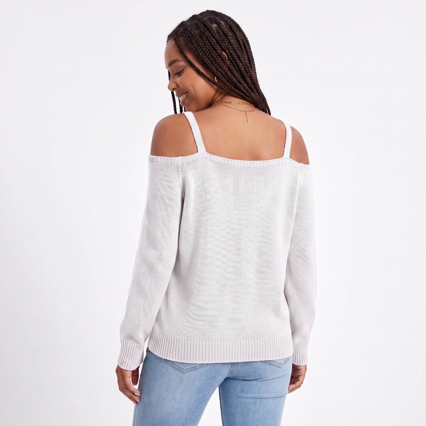 Cold Shoulder Strap Argyle Textured Long Sleeve Knit Sweater