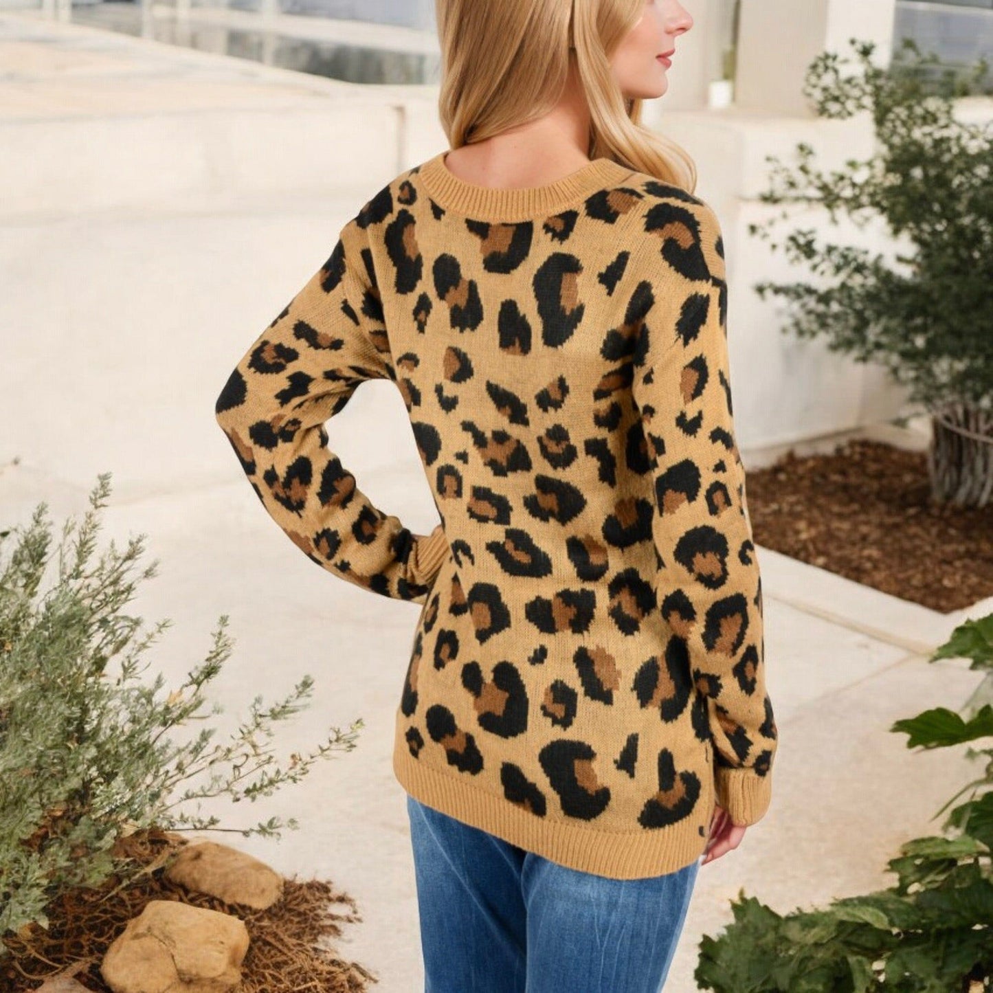 V-Neck Leopard Print Sweater with Cutout Detail Long Sleeves