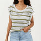 Short Sleeve Striped Open Knit Top with Button Shoulder Detail and Relaxed Fit