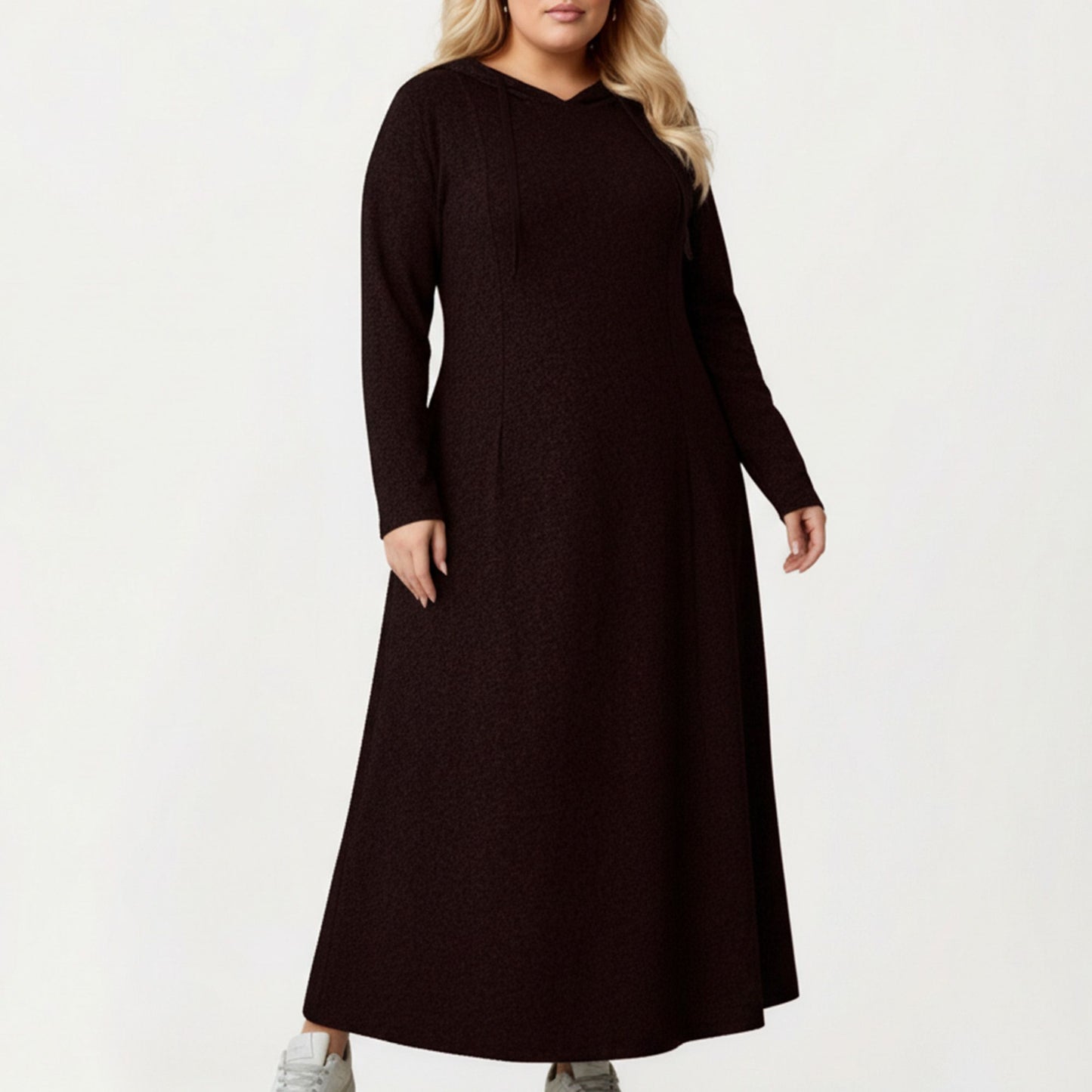 Plus Size Long Sleeve Hooded Maxi Dress with Relaxed Fit Silhouette and Soft Flowy Hem