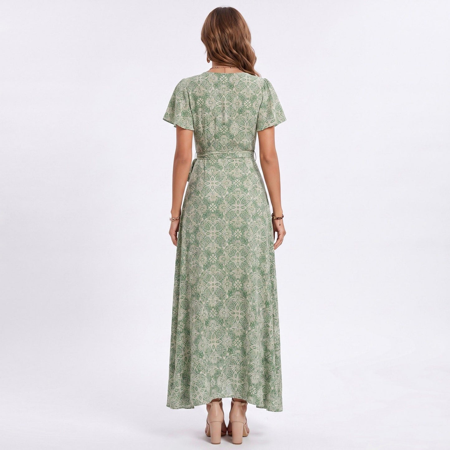 Floral Print Wrap Maxi Dress with V Neck Short Flutter Sleeves Tie Waist and Front Slit