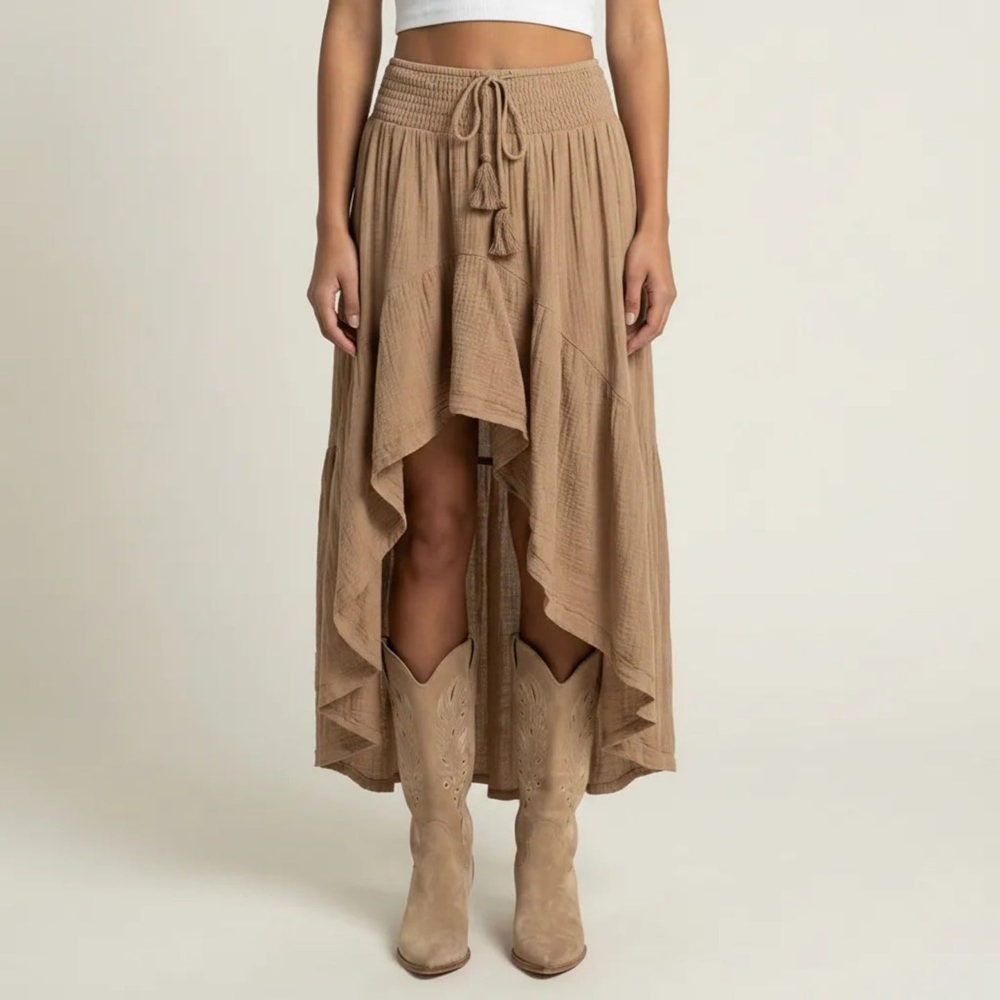 High Low Maxi Skirt Smocked Waist Tassel Tie Flowy Tiered Boho Casual Skirt