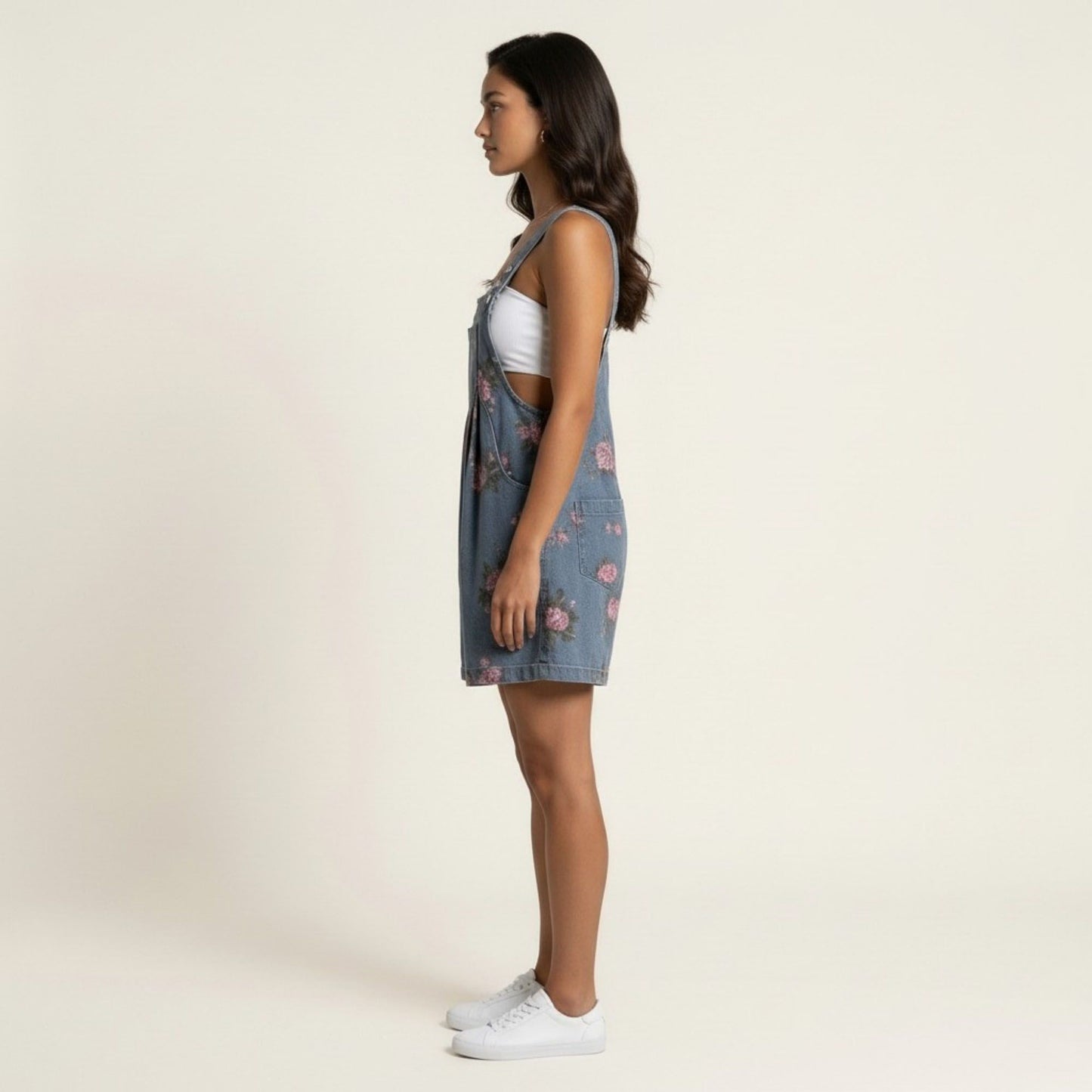Floral Denim Overall Romper Adjustable Strap Sleeveless Shortalls Loose Fit