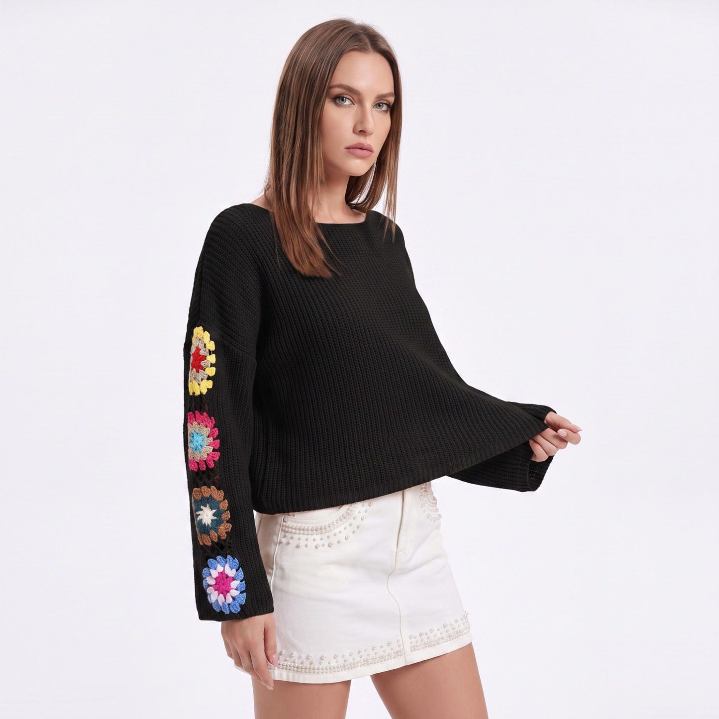 Crochet Floral Sleeve Knit Pullover Sweater with Long Sleeves