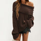 Off-Shoulder Ribbed Knit Sweater Top with Foldover Neckline and Soft Relaxed Fit for a Chic Textured Look