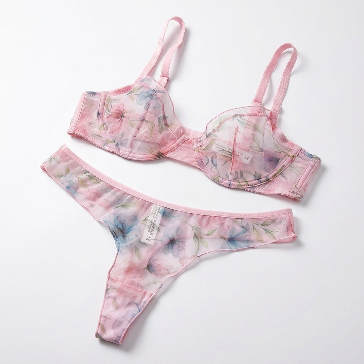 Floral Print Sheer Mesh Underwire Bra and Panty Two Piece Lingerie Set