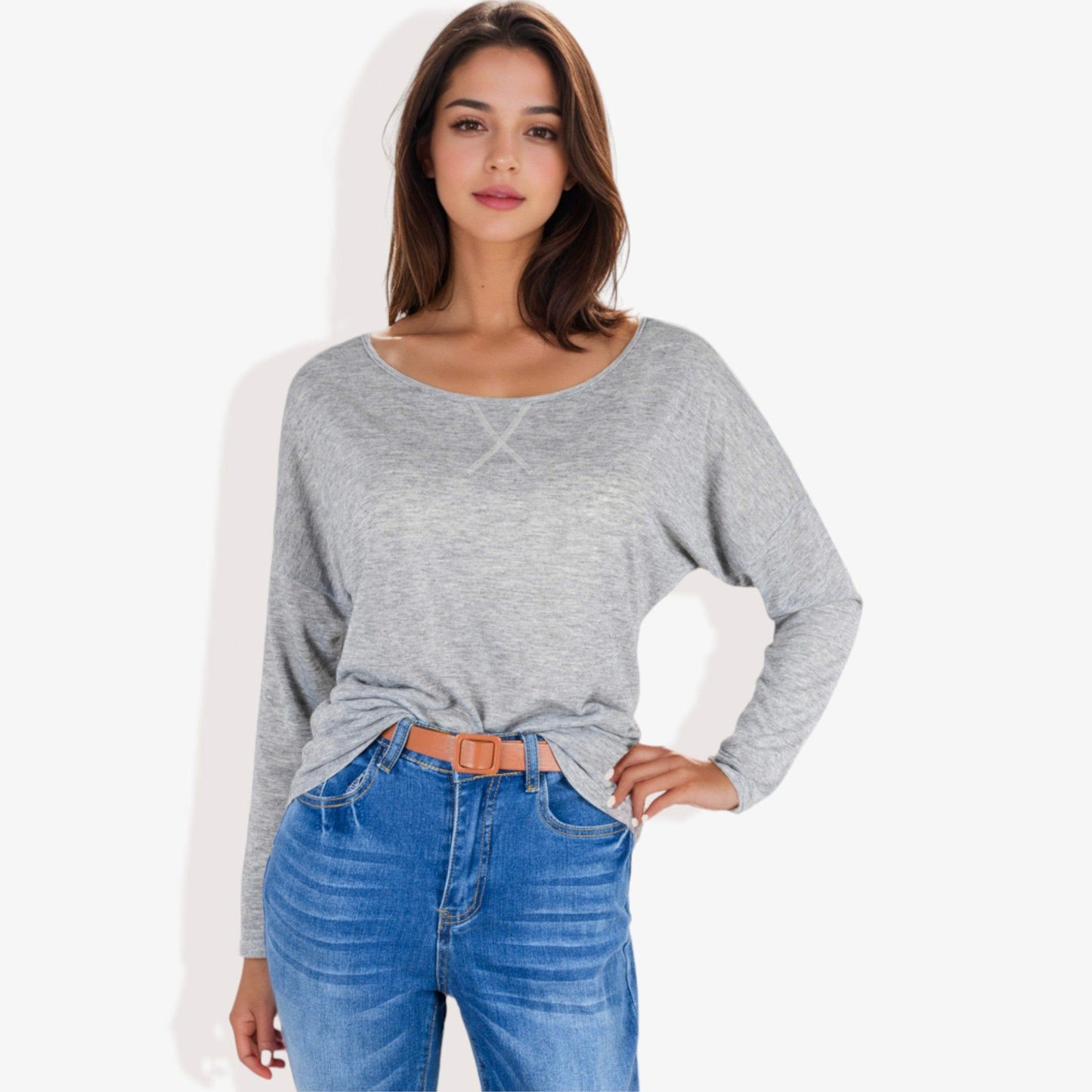 Long Sleeve Boat Neck Pullover Top with Stitch Detail