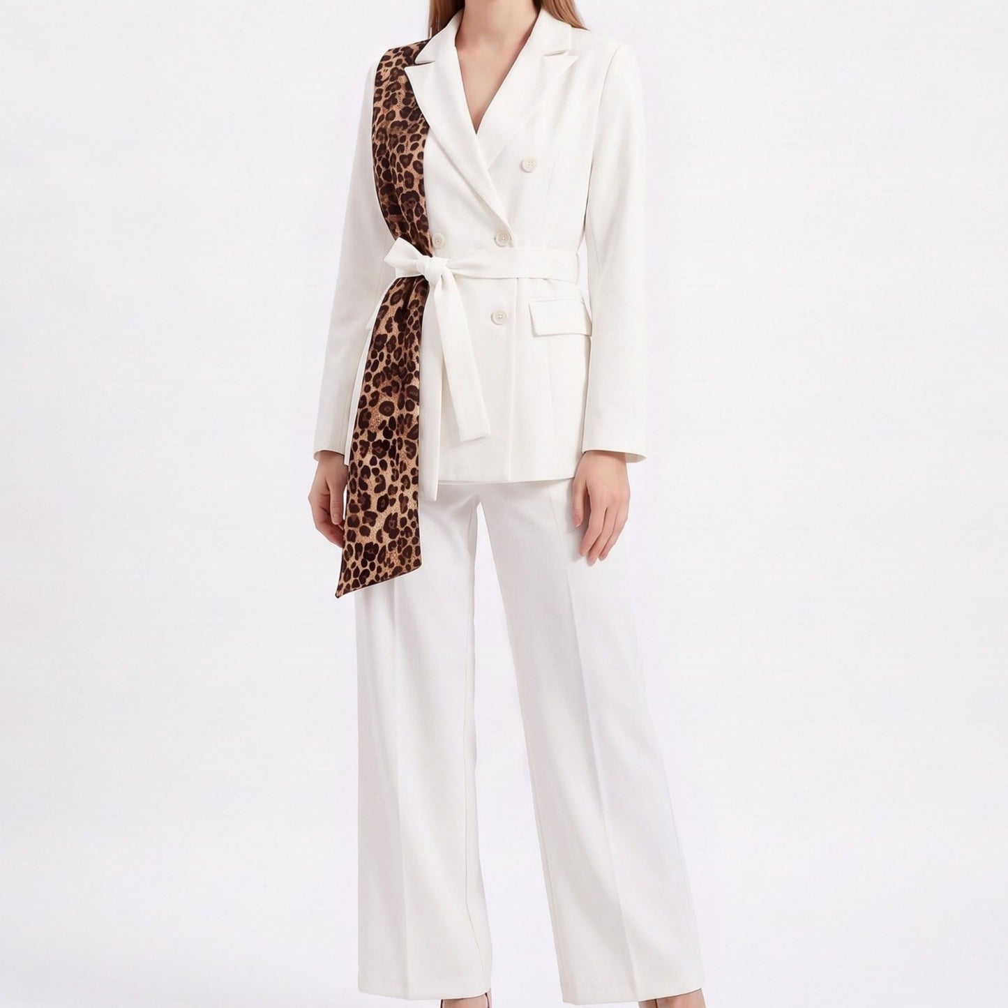 Long Sleeve Blazer and Pants Two Piece Set with Draped Scarf Detail