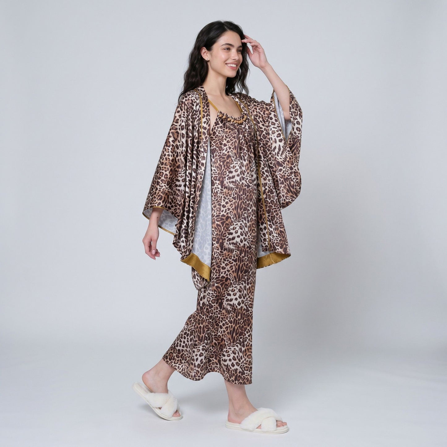 2-Piece Leopard Print Nightgown Robe Set with Spaghetti Strap Dress