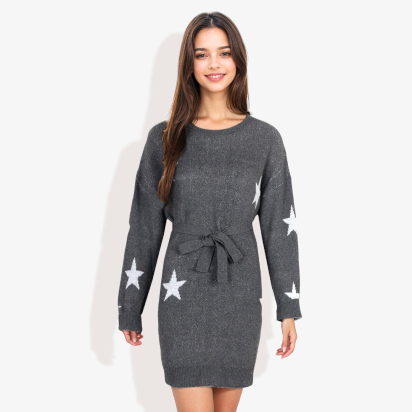 Star Knit Dolman Sleeve Belted Tunic Sweater Dress