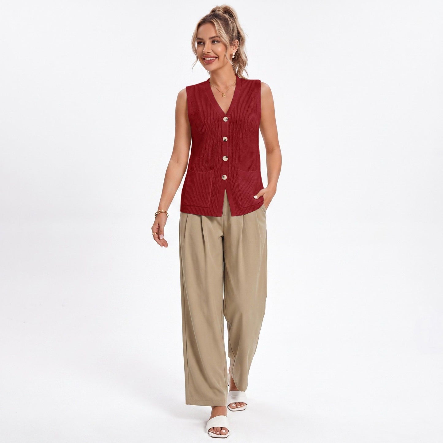 Button Front Sweater Vest V Neck Sleeveless Knit Pocket Top