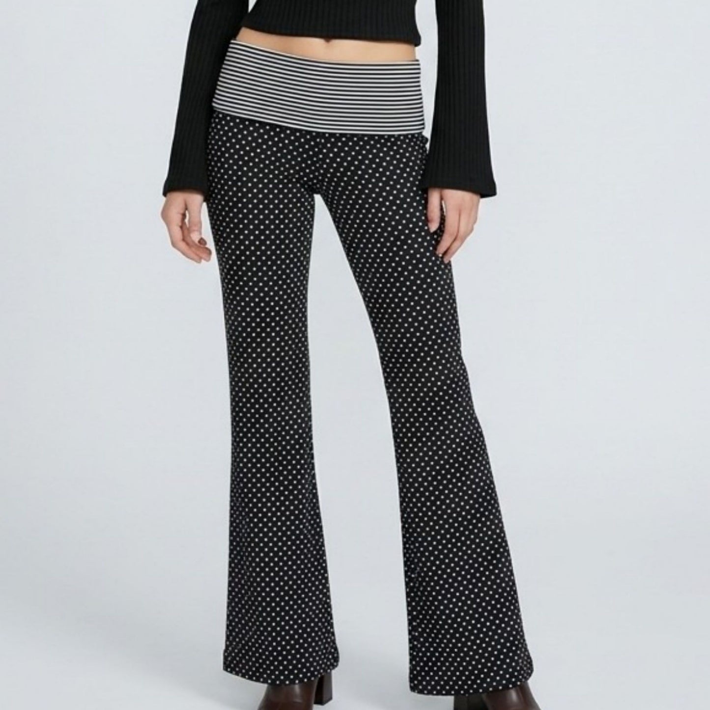 Striped Contrast Foldover Waistband Polka Dot Full-Length Wide-Leg Trousers