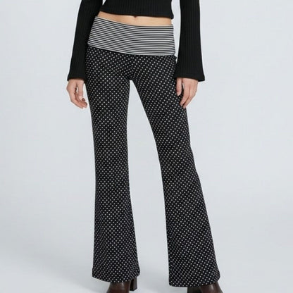 Striped Contrast Foldover Waistband Polka Dot Full-Length Wide-Leg Trousers