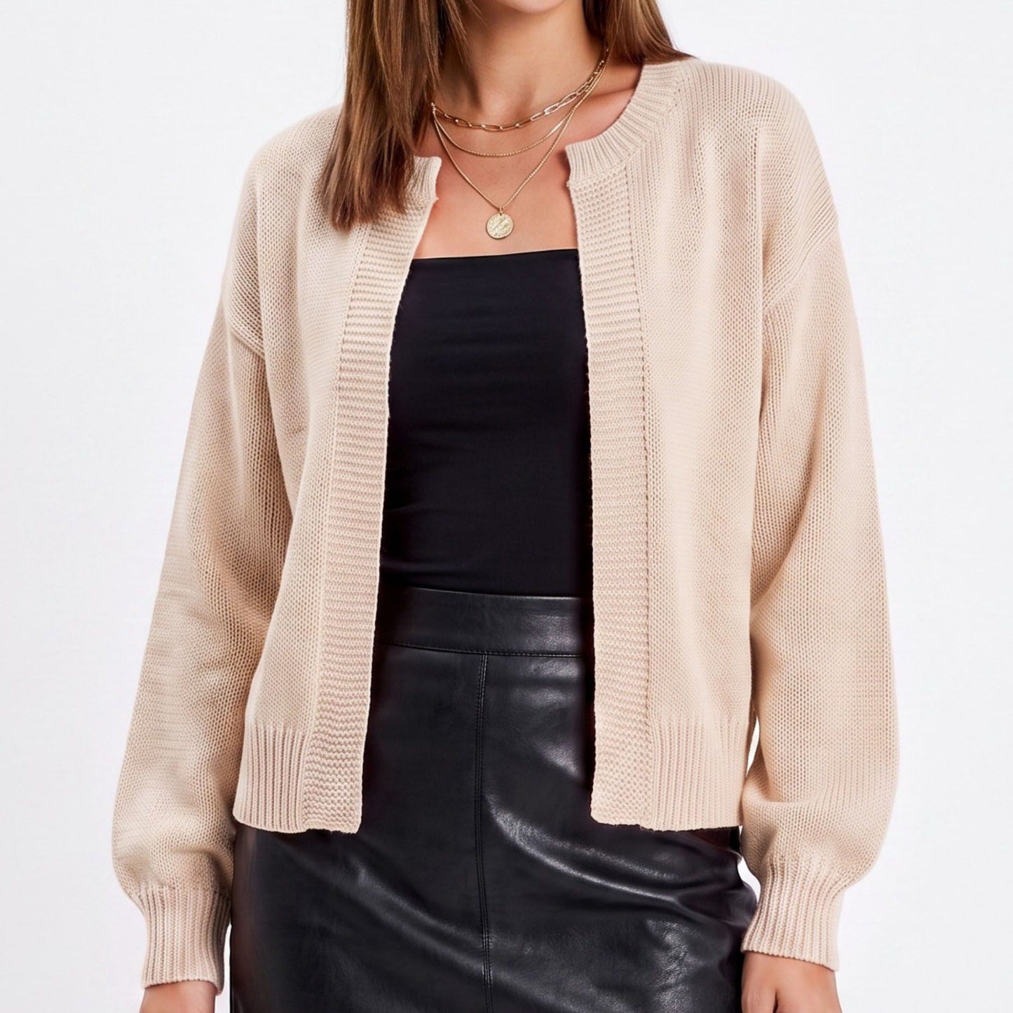 Open Front Knit Cardigan Sweater with Long Sleeves