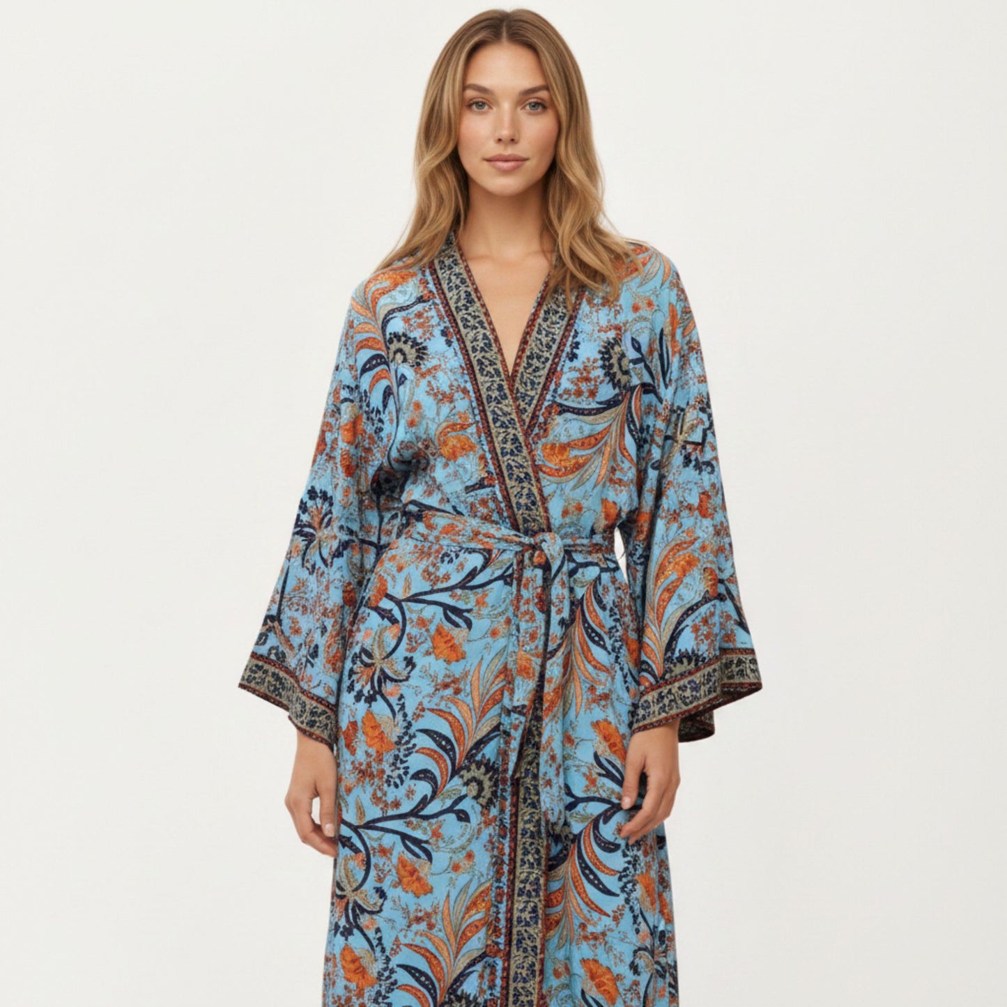 Floral Paisley Maxi Dress with Long Sleeves Adjustable Waist Tie and Flowing Relaxed Fit
