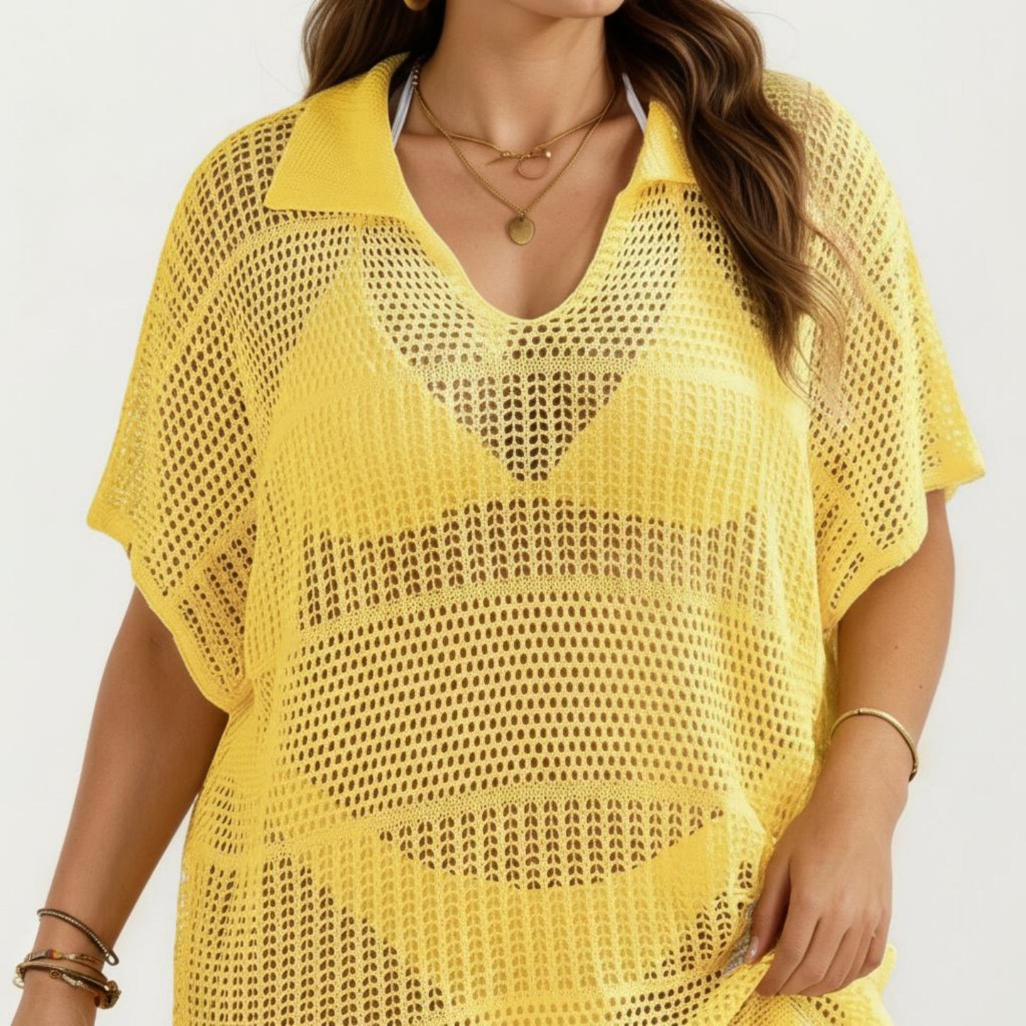 Mesh Swim Cover Up Dress with Open Knit Design Collared Neckline Short Sleeves Relaxed Fit