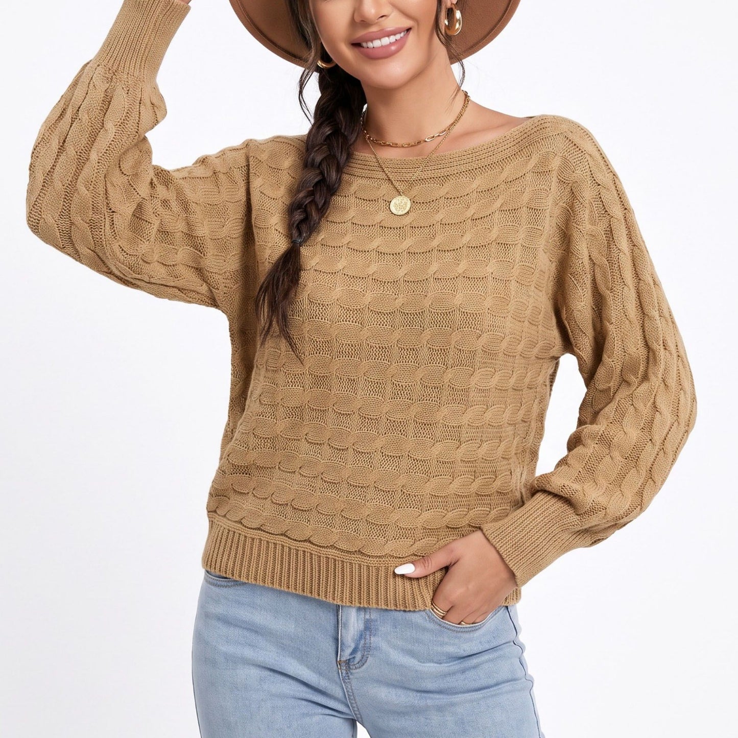 Boat Neck Cable Knit Long Sleeve Pullover Sweater
