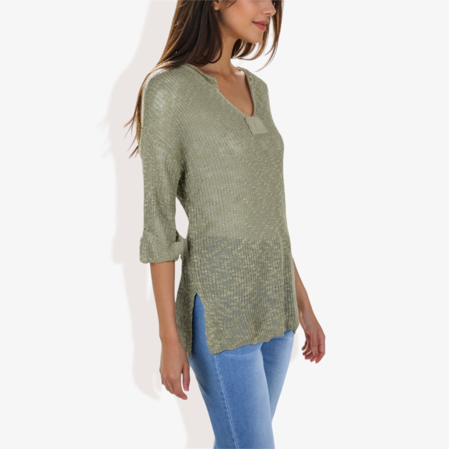 Lightweight Long Sleeve Knit Top Notch Neck Rolled Cuffs