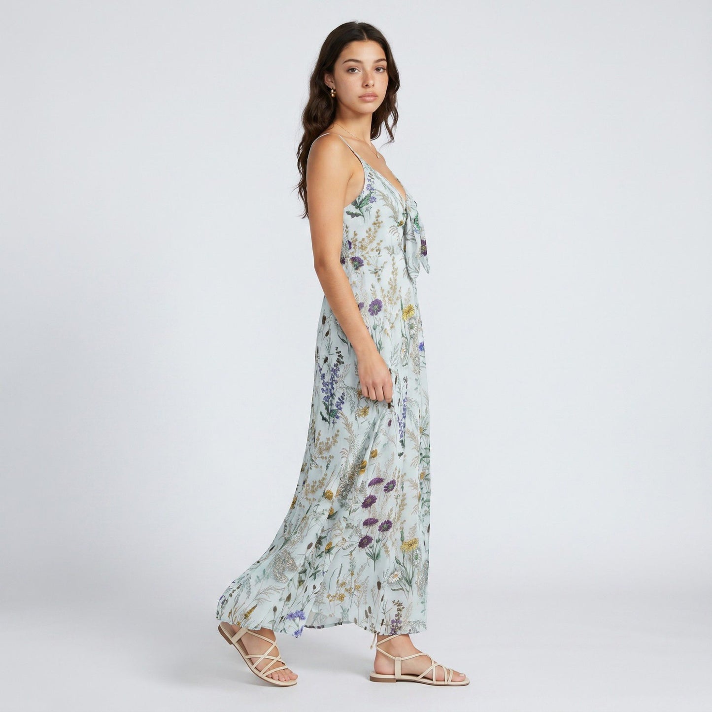 Floral Print Tie Front Maxi Dress with Spaghetti Straps and Flowy Skirt
