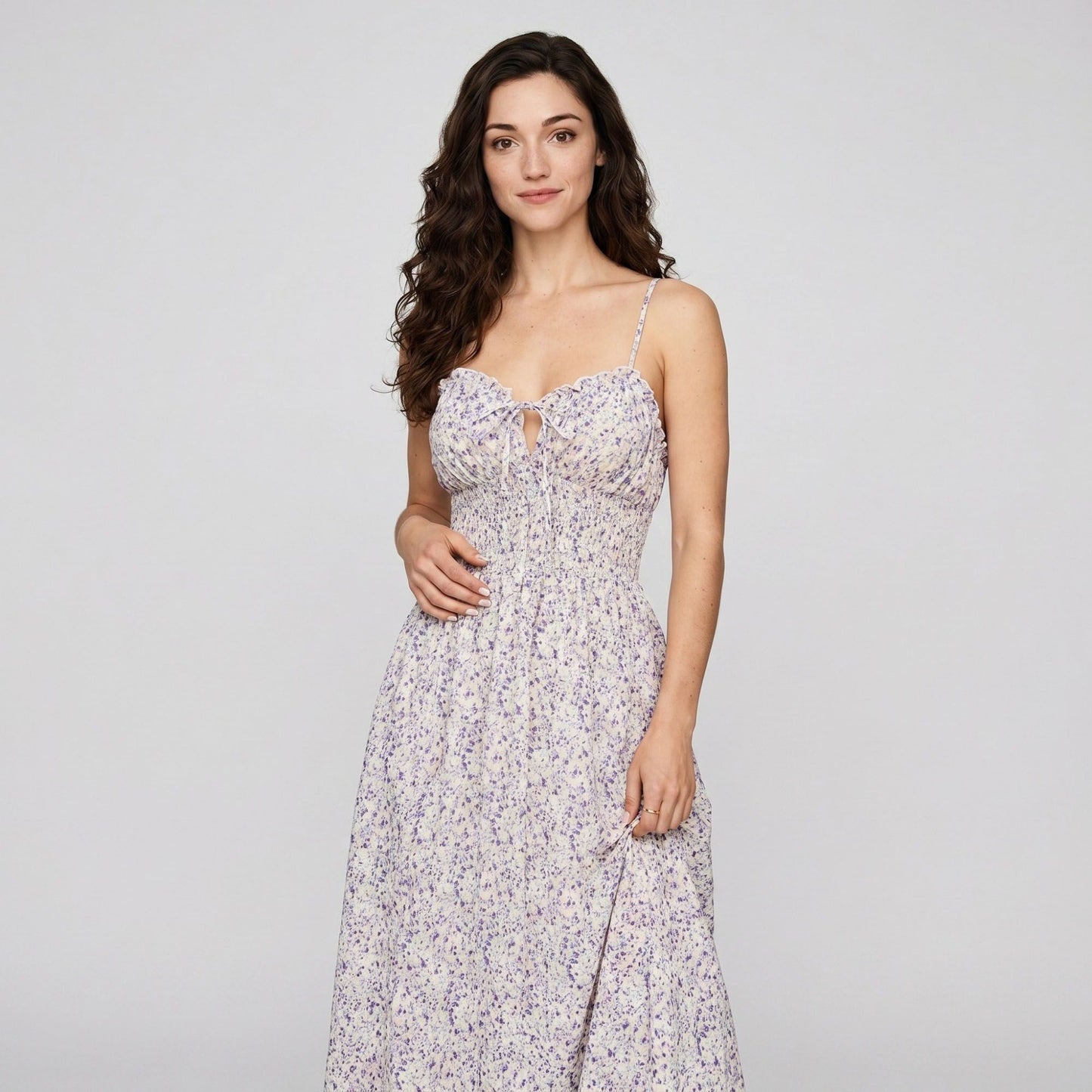 Floral Print Smocked Bodice Maxi Dress with Tie Front Sweetheart Neckline Slim Straps and Flowy Skirt