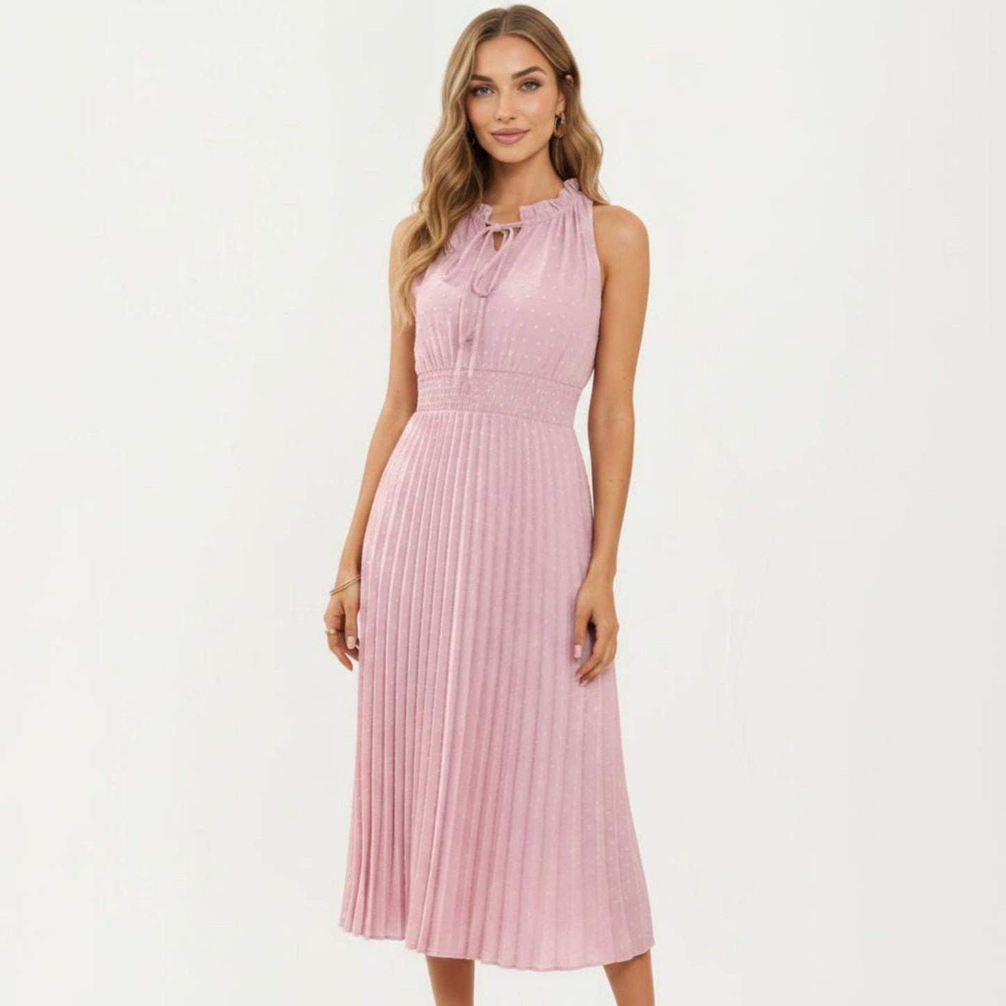 Sleeveless Midi Dress with Pleated Skirt and Tie Neck Detail